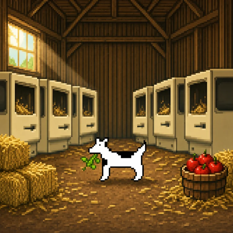 Clarus in a barn made of classic Macintosh computers