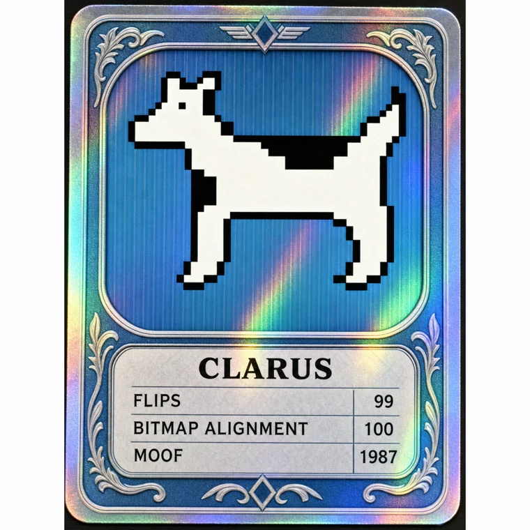 Holographic Clarus trading card with stats