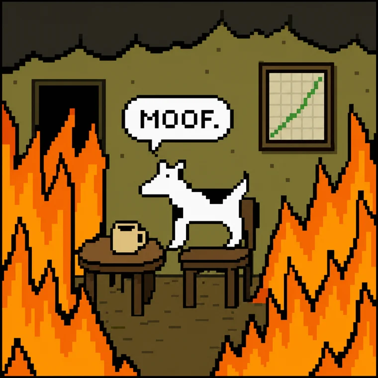 Clarus saying Moof in a burning room while the chart goes up