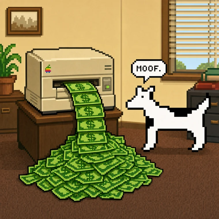 A LaserWriter printing money while Clarus says Moof