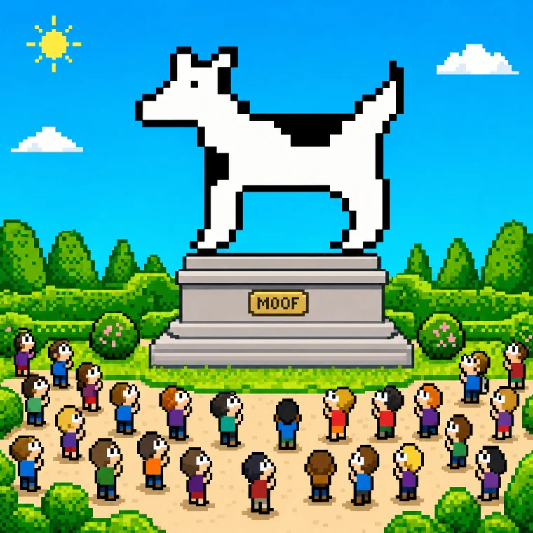 Crowd admiring a giant Clarus statue in the icon garden