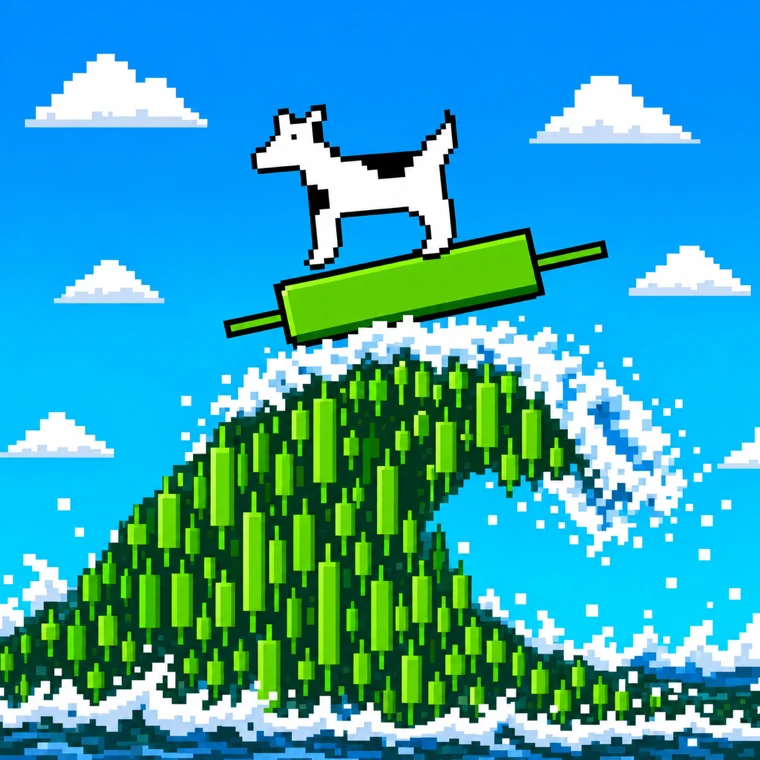 Clarus surfing a green candlestick