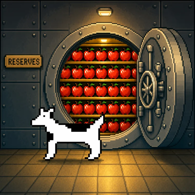 Clarus guarding a vault stacked with apples